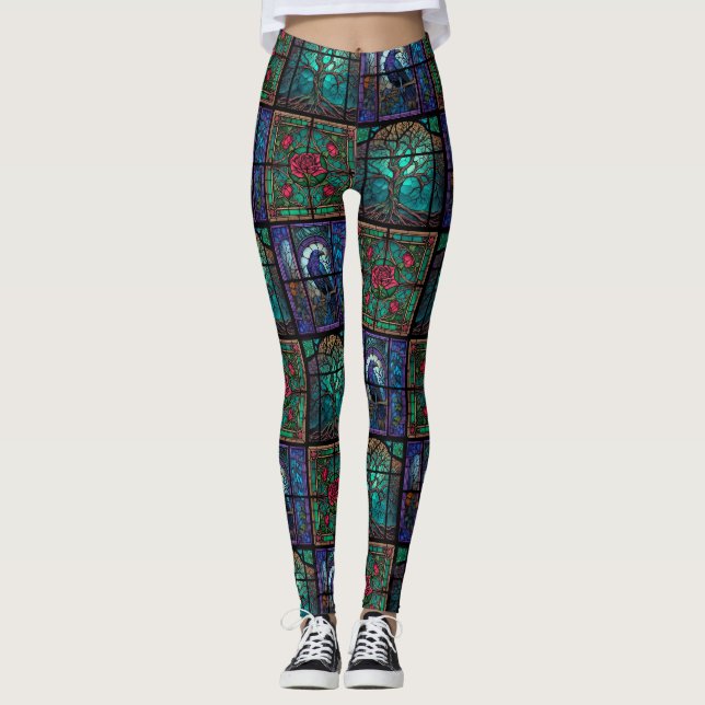 Gothic Raven Rose and Tree Leggings – Cool (Front)
