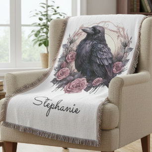 Gothic Raven Rose Throw Blanket