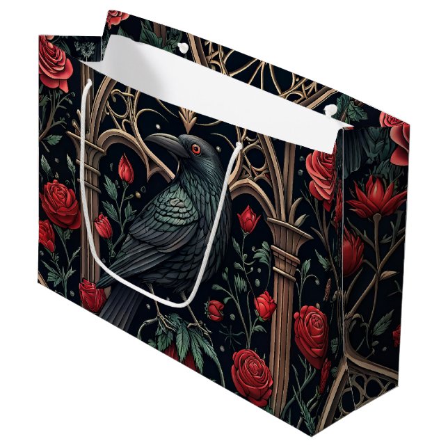 Gothic Raven Roses Ornate Pattern Large Gift Bag (Front Angled)