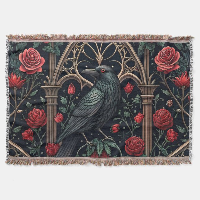 Gothic Raven Roses Ornate Pattern Throw Blanket (Front)