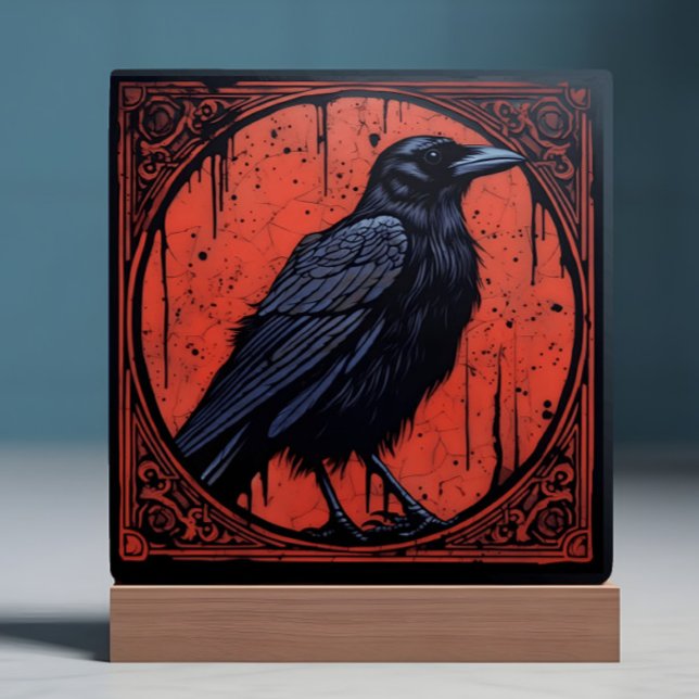 Gothic Raven Tile (Image shows a ceramic tile with an illustration of a gothic raven on a red background.)