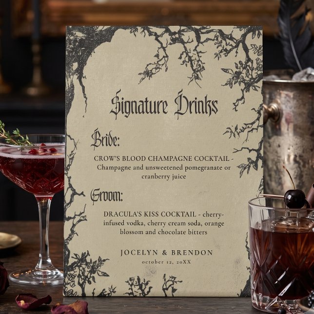 Gothic Raven Tree Black Tan Wedding Drinks Pedestal Sign (Creator Uploaded)