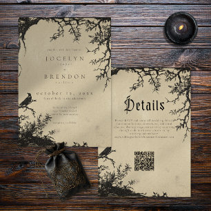 Gothic Raven Tree Engraving Black Tan Wedding Invitation