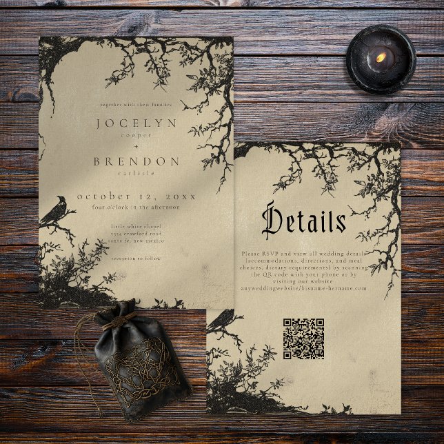 Gothic Raven Tree Engraving Black Tan Wedding Invitation (Creator Uploaded)