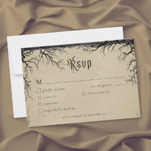 Gothic Raven Tree Engraving Black Tan Wedding RSVP Card