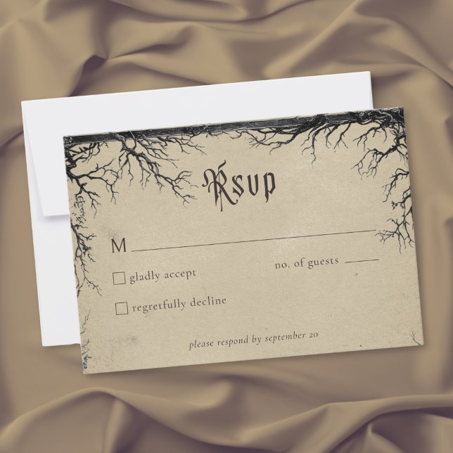 Gothic Raven Tree Engraving Black Tan Wedding RSVP Card (Gothic Raven Tree Engraving Black Tan Wedding RSVP Card)
