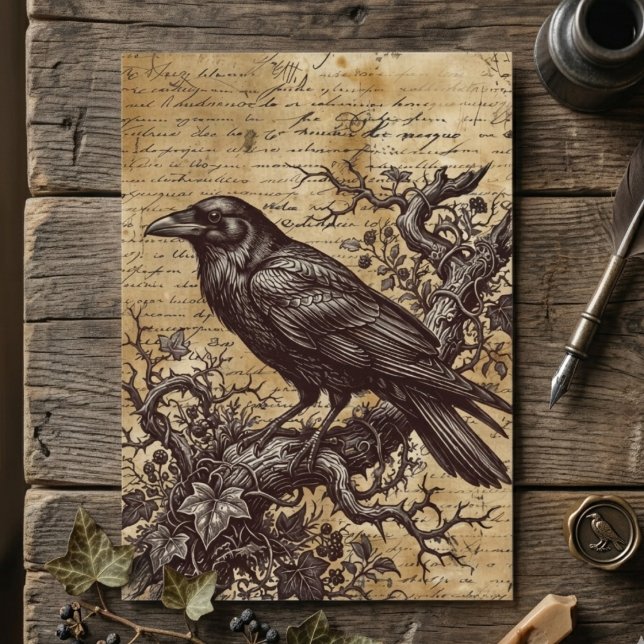 Gothic Raven Vintage Script Dark Academia Greeting Card (Gothic raven dark academia greeting card)