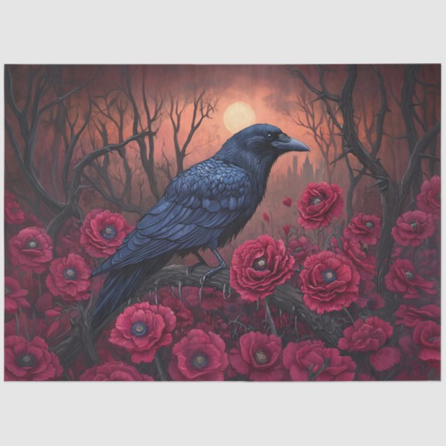 Gothic Raven with Dark Red Poppies Decoupage Tissue Paper (Front)