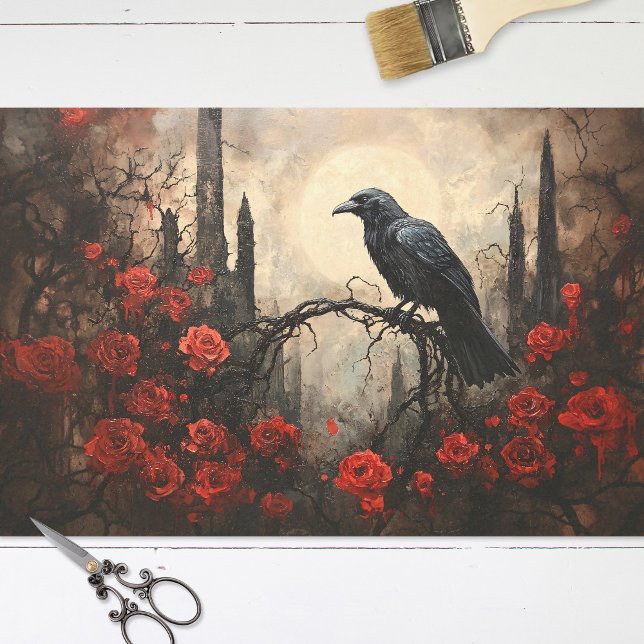 Gothic Raven with Dark Red Roses Decoupage Tissue Paper (Creator Uploaded)