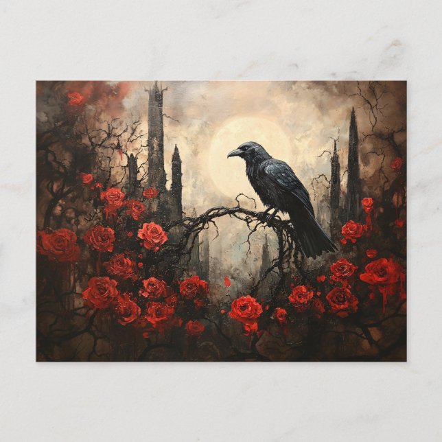 Gothic Raven with Dark Red Roses Postcard (Front)