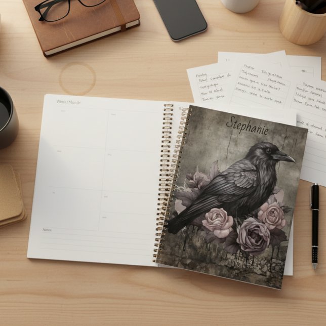 Gothic Raven with Roses Dark Daily Planner (Personalized Gothic black raven with roses daily planner)
