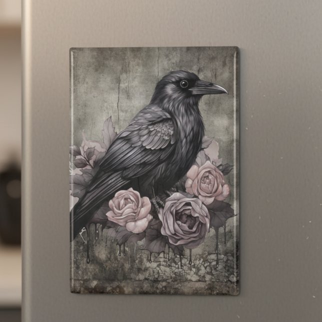 Gothic Raven with Roses Dark Magnet (Dark black raven with roses refrigerator magnet)