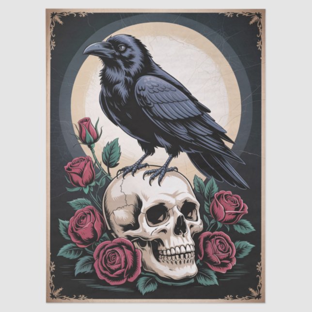 Gothic Raven with Skull and Roses Decoupage Tissue Paper (Front)