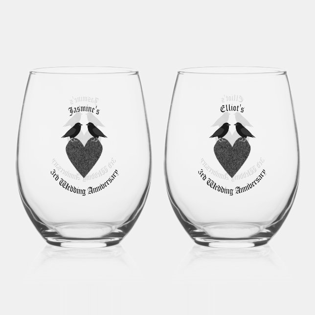 Gothic Ravens and Black Heart 3rd Anniversary Stemless Wine Glass (Front)