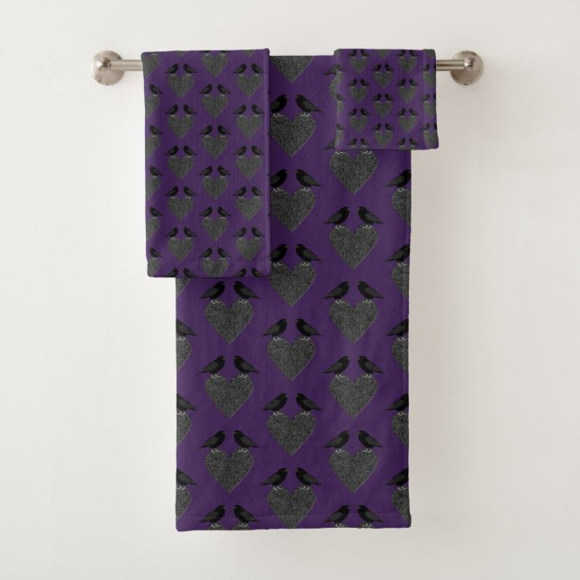 Gothic Ravens and Black Heart Bath Towel Set (Insitu)