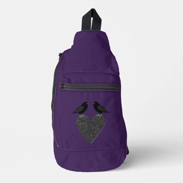 Gothic Ravens and Black Heart Patterned Sling Bag (Front)
