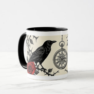 Gothic Raven's Clock and Roses Mug