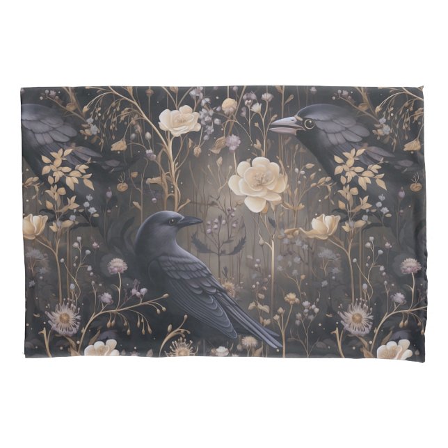 Gothic Ravens & Flowers Pattern Pillowcase (Front)