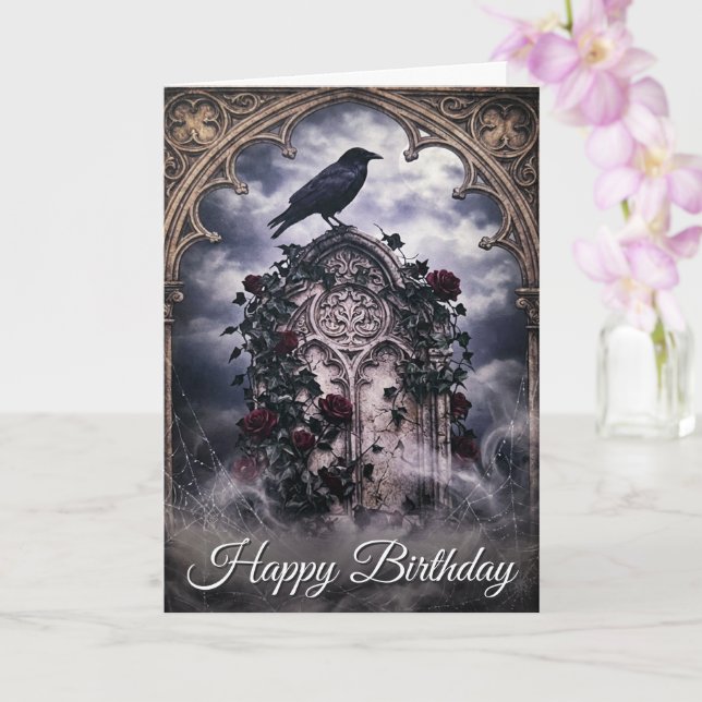 Gothic Ravens & Roses Tombstone Birthday Card (Orchid)