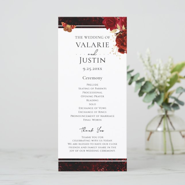 Gothic Red and Black Floral Wedding Program Programme (Standing Front)