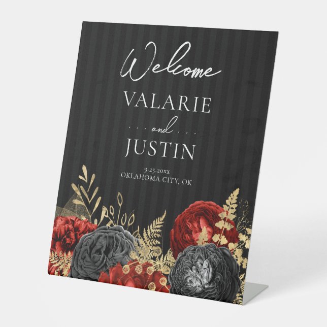 Gothic Red and Black Floral Welcome Wedding Pedestal Sign (Front)