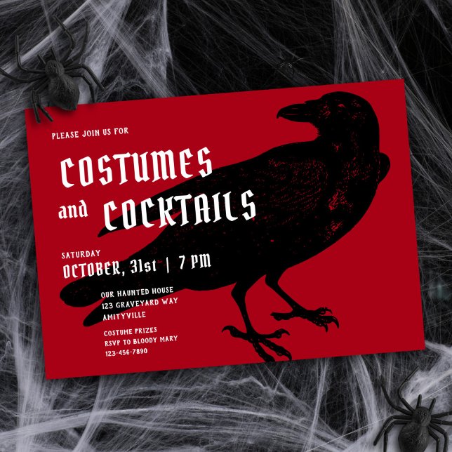Gothic Red Black Crow Raven Adult Halloween Party Invitation (Creator Uploaded)