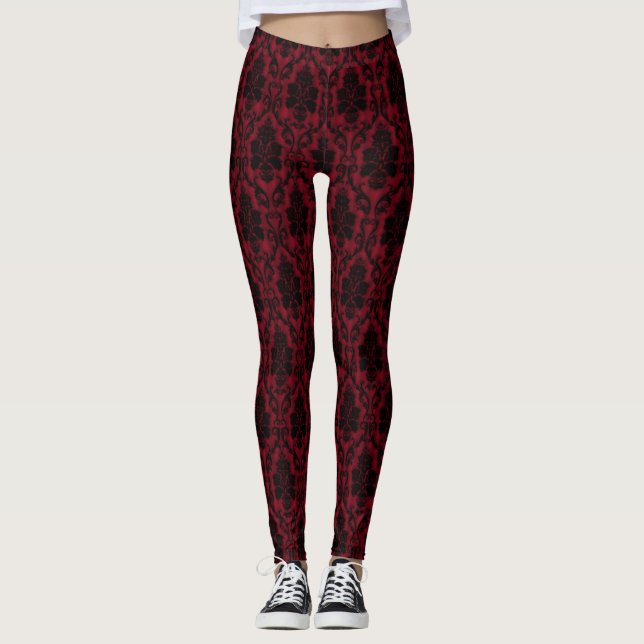 Gothic Red Black Damask Leggings (Front)