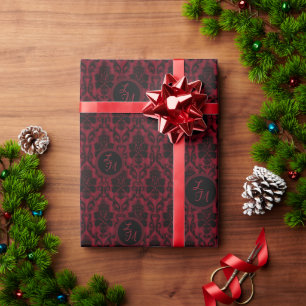 Gothic Red Black Damask Monogram Wrapping Paper