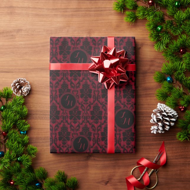 Gothic Red Black Damask Monogram Wrapping Paper (Holiday Gift)