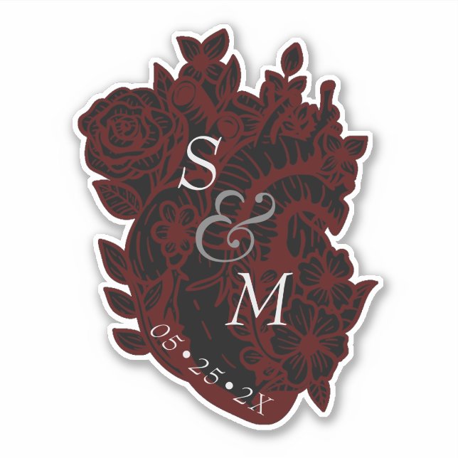 Gothic Red & Black Heart Flowers Wedding Sticker (Front)