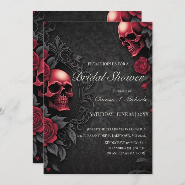 Gothic Red & Black Skull & Rose Bridal Shower Invitation (Front/Back)