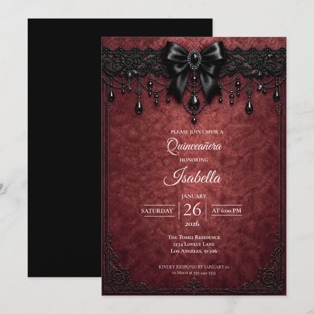Gothic Red Bow pearls Quinceañera Invitation (Front/Back)
