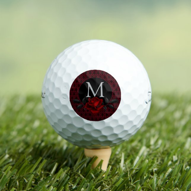 Gothic Red Damask Rose Monogram Golf Balls (Insitu Tee)