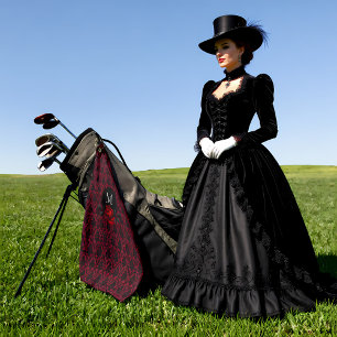 Gothic Red Damask Rose Monogram Golf Towel