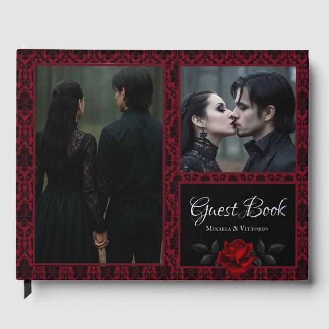 Gothic Red Damask Rose Wedding Guest Book (Front)