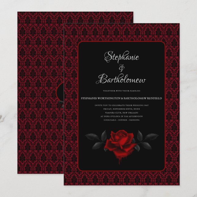 Gothic Red Damask Rose Wedding Invitation (Front/Back)