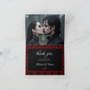 Gothic Red Damask Rose Wedding Thank You Card