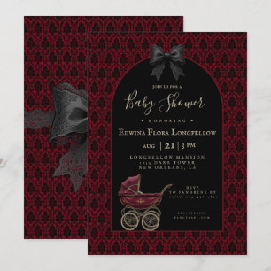 Gothic Red Damask Victorian Pram Baby Shower Invitation