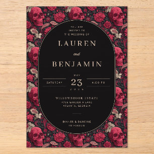 Gothic Red Floral Skull Border Acrylic Invitations