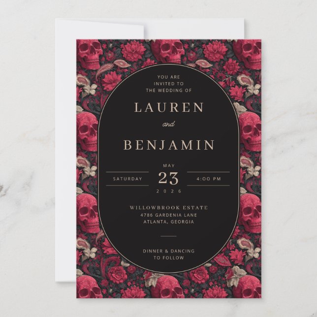 Gothic Red Floral Skulls Invitation (Front)