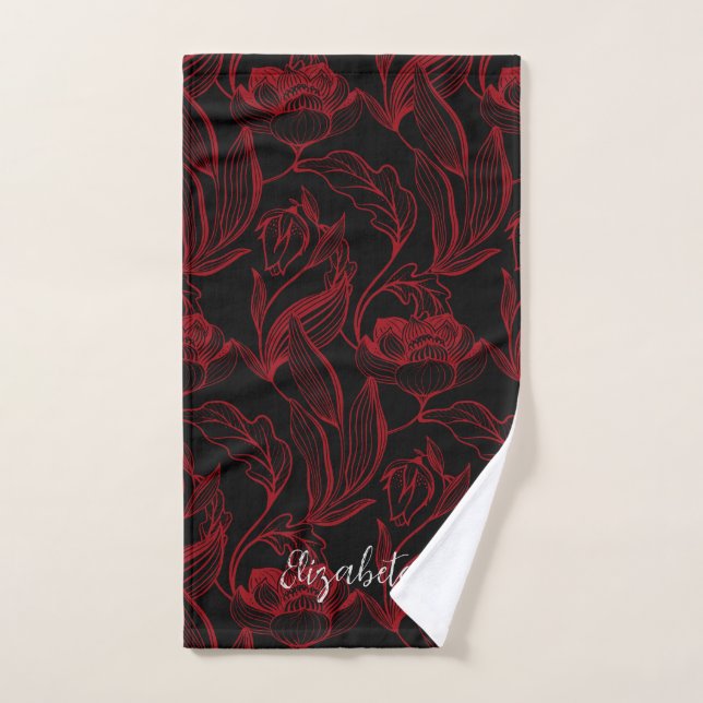 Gothic Red Flowers On Black Bath Towel Set (Hand Towel)