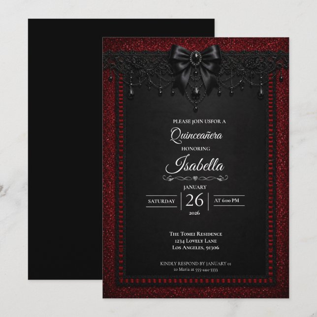 Gothic Red glitter Quinceañera Invitation (Front/Back)
