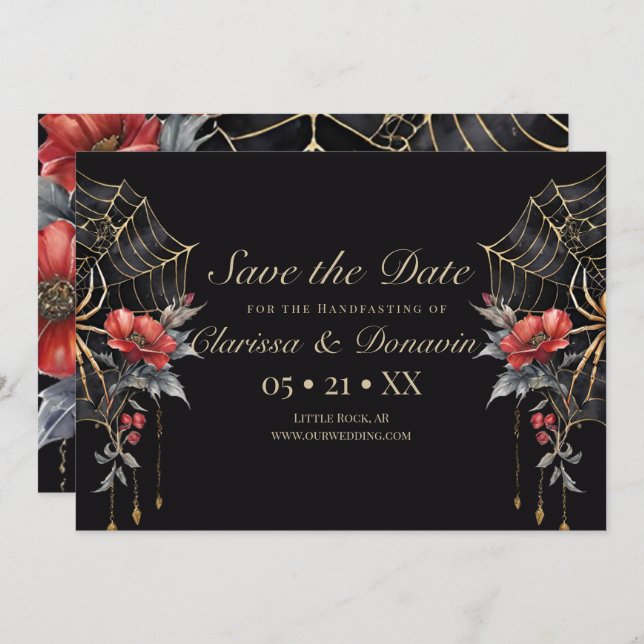 Gothic Red & Gold Floral Spider Web Handfasting Save The Date (Front/Back)