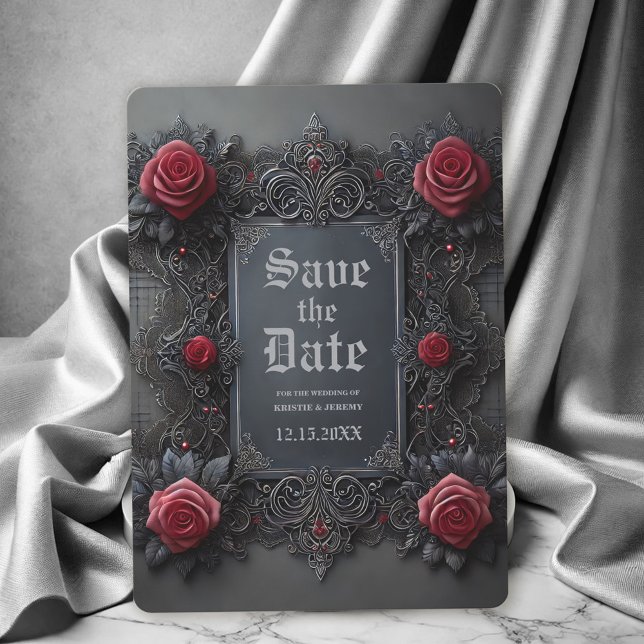 Gothic Red Grey Floral Wedding Save the Date (Gothic Wedding Save the Date with Red roses on a dark gray background.)