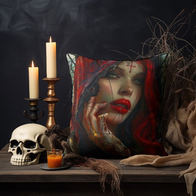 Gothic Red-Haired Nun – Dark Stained Glass   Cushion (Creator Uploaded)