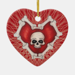 Gothic Red Heart Circled With Bones Skull Spirals Ceramic Tree Decoration