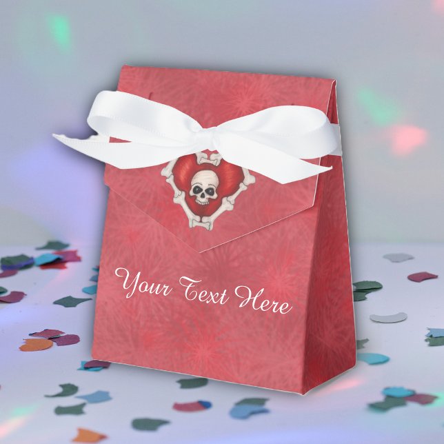 Gothic Red Heart of Bones White Skull Red Shades Favour Box (Favor box with ribbon in red starburst pattern with Gothic red heart of bones and skull .)