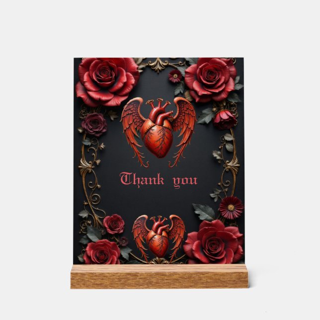 Gothic Red Heart with Roses – Dark Romantic Acrylic Sign (Front)