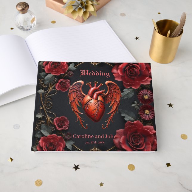 Gothic Red Heart with Roses – Dark Romantic  Guest Book (Front Open)