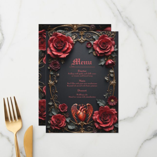 Gothic Red Heart with Roses – Dark Romantic  Menu (Front/Back In Situ)